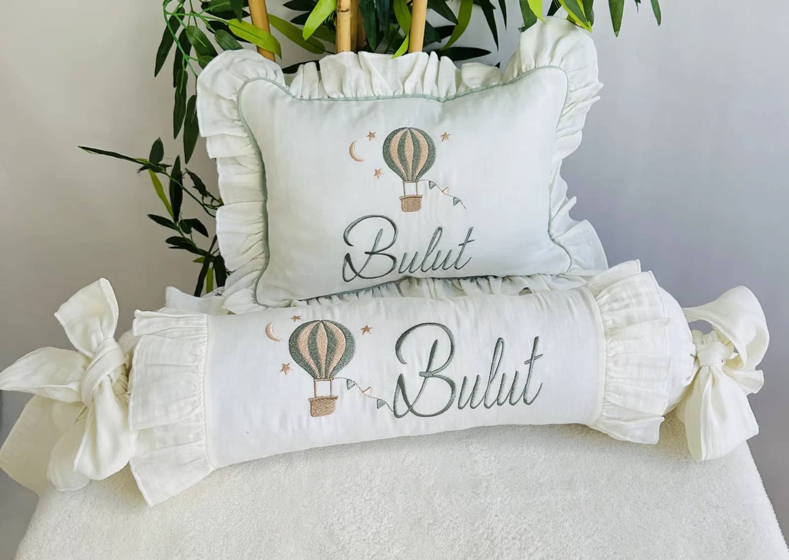 Organik Müslin Yastık Seti – Balon Desenli Biyeli
