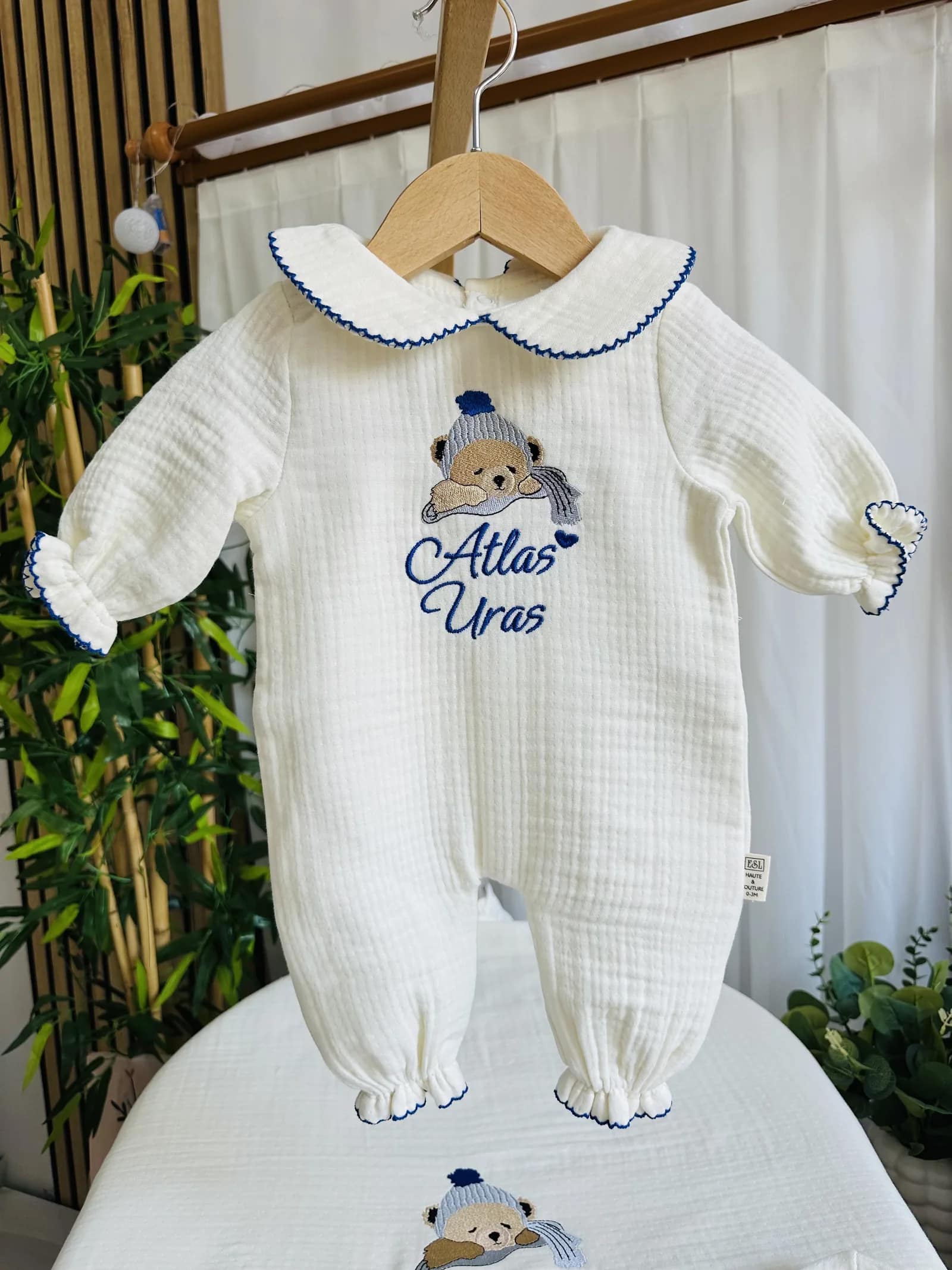Müslin Bebek Tulumu - Lacivert Fistolu Uyuyan Ayıcık
